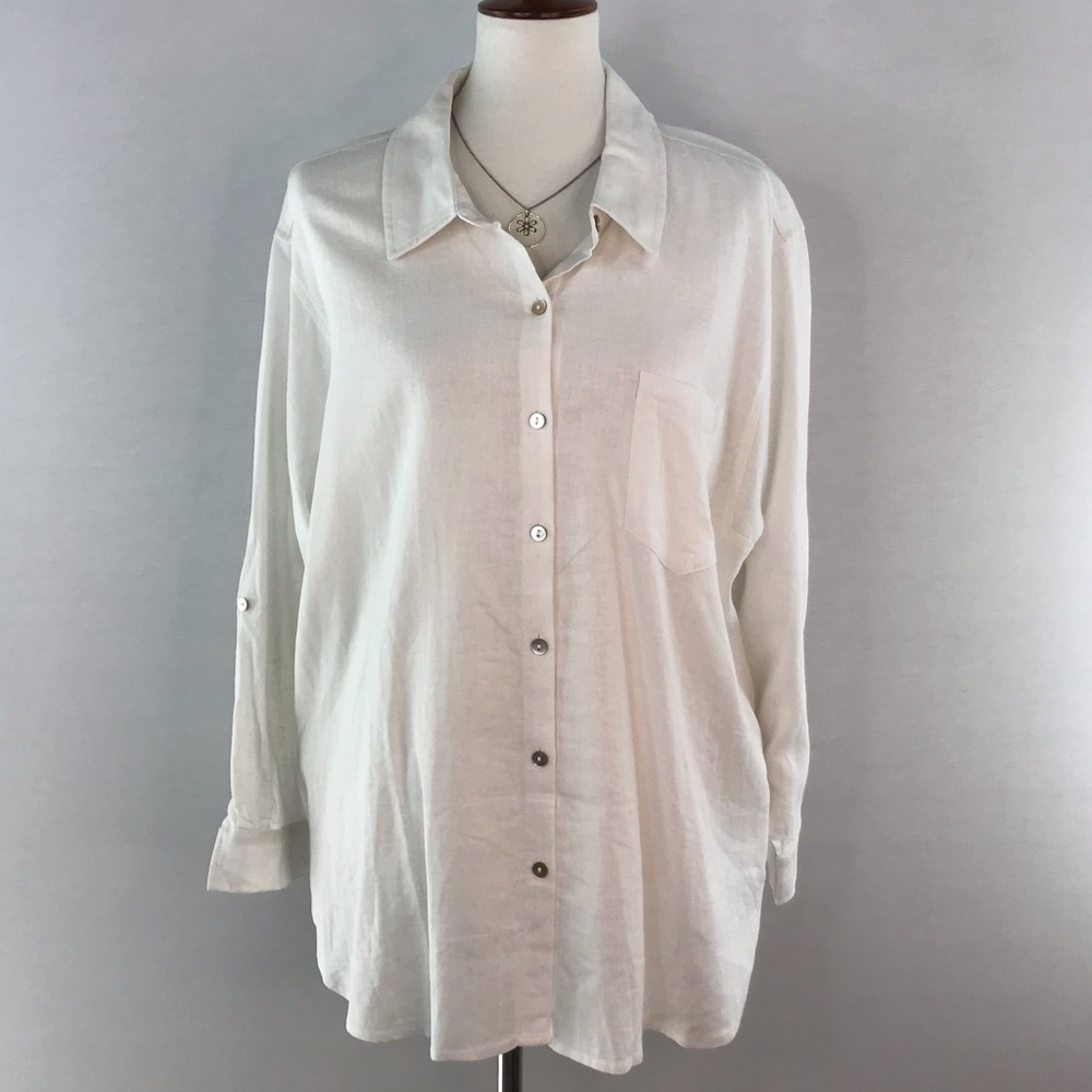 Susan Graver Pure White Linen Blend Button Front Long Sleeve Blouse 1XP